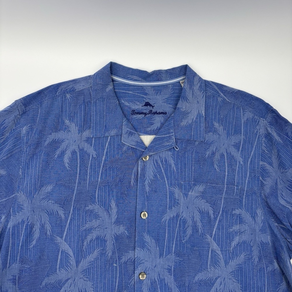 Tommy Bahama Men's XXL Blue Palm Tree Print 100% Silk Short Sleeve Camp Shirt